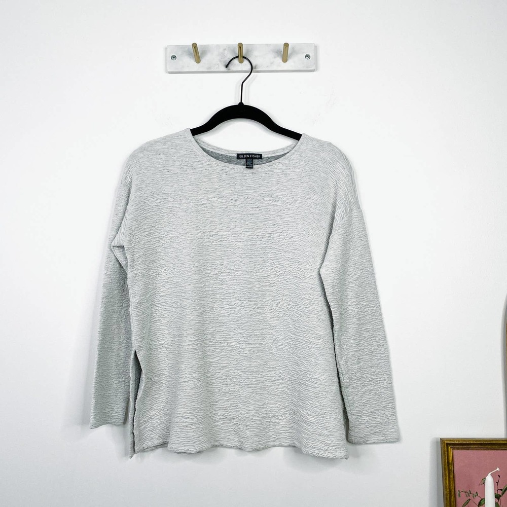 EILEEN FISHER light grey textured long sleeve side slit top XXS